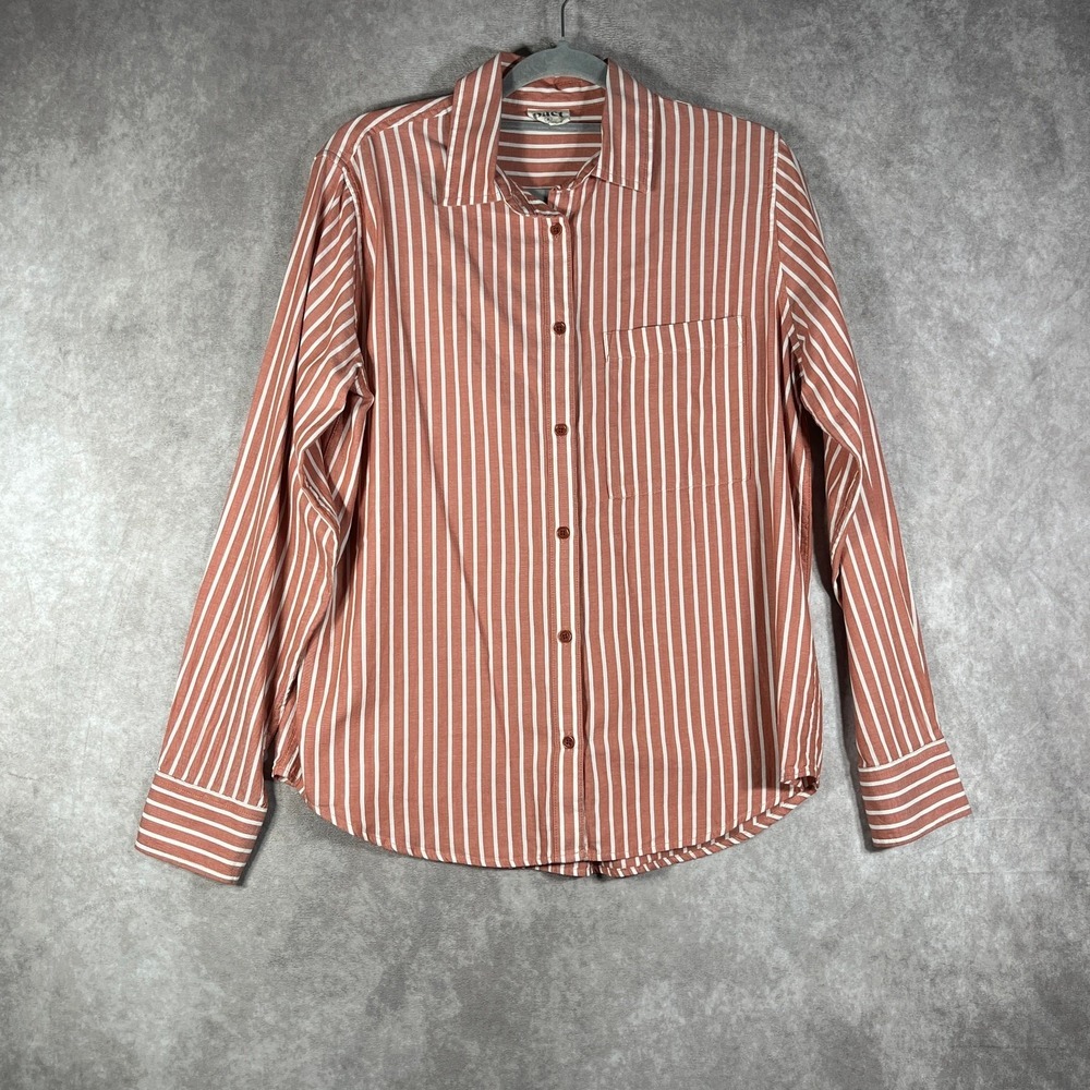 Pact Button Up Shirt Women Medium Orange White Striped Organic Cotton‎ Button Up